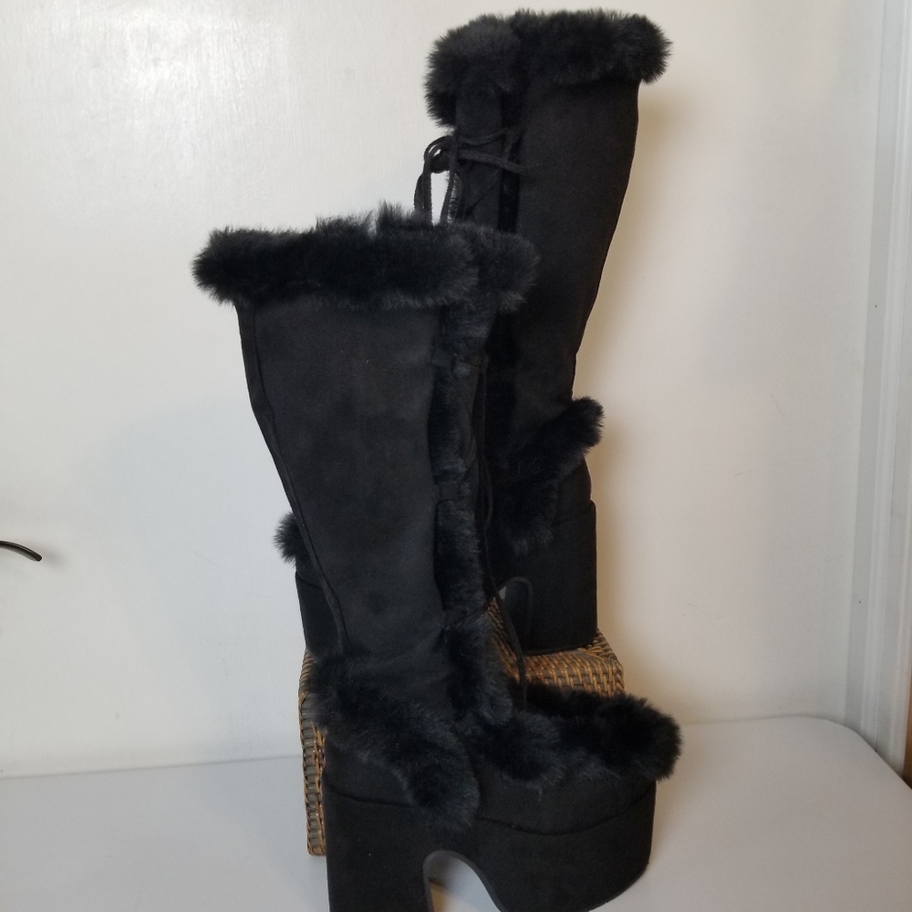 Black Winter Faux Fur Lace Front Side Zip Platform Heel Knee High Boot NWOT - Picture 2 of 12